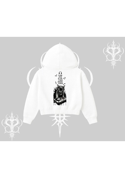Dj Kedi Baskılı Müzik Temalı Kapşonlu Crop Sweatshirt Beyaz
