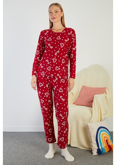 Fullamoda Puantiye Ve Kalp Desenli Bisiklet Yaka Süet Pijama Takımı Bordo