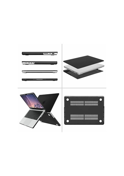 Apple Uyumlu MacBook Pro 14.2 2021 A2442 Kılıf Koruma Kılıfı Hardcase 3Lü Set Siyah