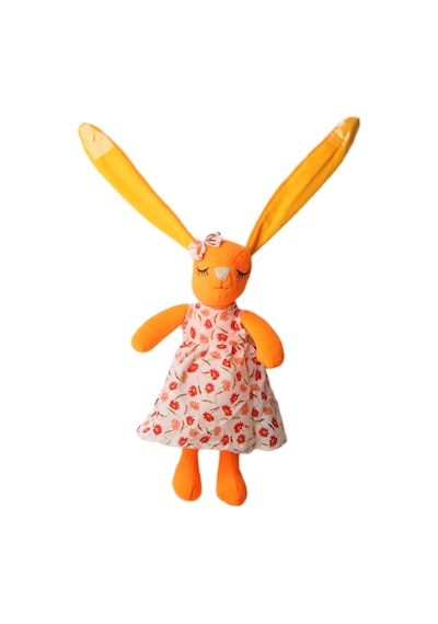 İthal Kumaş Uzun Kulaklı Renkli Kıyafetli Sevimli Tavşan Peluş Oyuncak Uyku & Oyun Arkadaşı 30 Cm. Turuncu