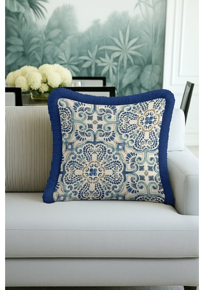 Lüks Vintage Motifli Saçaklı Yastık Kılıfı - Akdeniz Stili Mavi Altın Renkli Püsküllü Kırlent Kılıfı Orman Koyu Yeşil Lüks Vintage Motifli Saçaklı Yastık Kılıfı - Akdeniz Stili Mavi Altın Renkli Püsküllü Kırlent Kılıfı Orman Koyu Yeşil