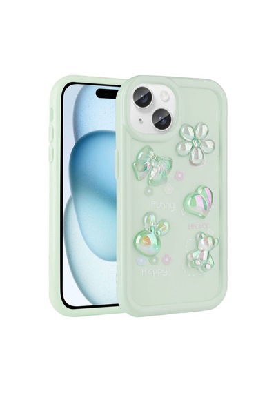 Apple Uyumlu iPhone 14 Plus Kılıf Kabartma Figürlü Parlak Zore Toys Silikon Kapak Light Green