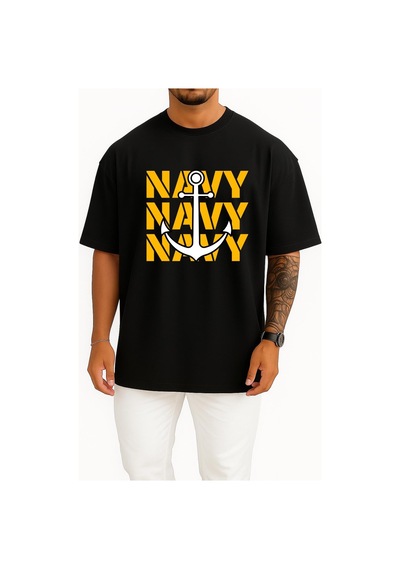 Bahriyeli Collection Oversize Trio Navy Anchor Göğüs Ve Sırt Baskılı Unisex T-shirt Siyah