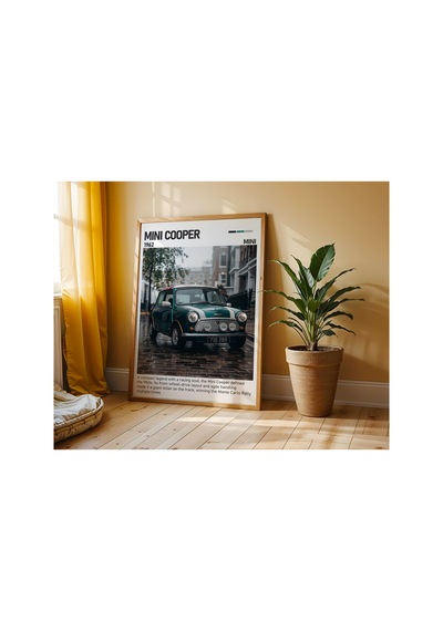 Mini Cooper Classic Ahşap Çerçeveli Poster Tablo Retro Şehir Aracı Ahşap 01