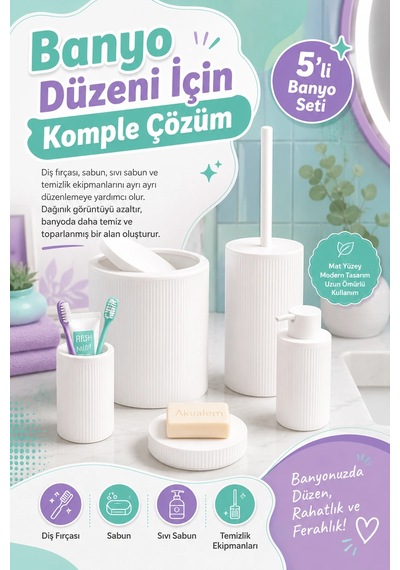 Şık Görünümlü Beyaz Banyo Aksesuar Takımı 5 Parça Günlük Kullanıma Uygun Set