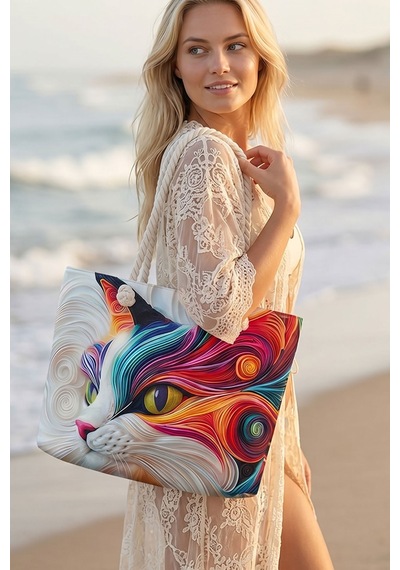 Lederax Rainbow Kedi Desenli Kadın Plaj Çantası Ld668 Çok Renkli