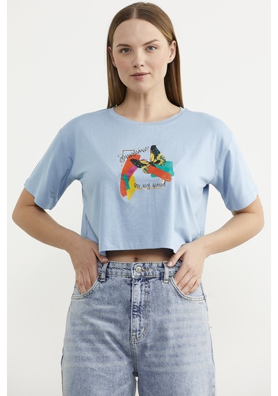 Oversize Baskılı Crop Tişört - Mavi Çok Renkli