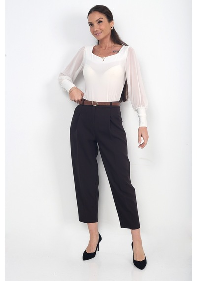 By Saygı Kadın Cepli Dar Paça Pileli Bilek Boy Pantolon Kahve