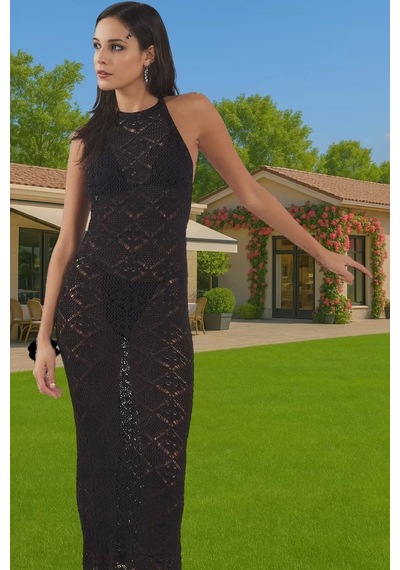 Ersefa Kadın Yazlık Triko Plaj Elbisesi Bodycon Slim Fit Halter Profesyo Siyah