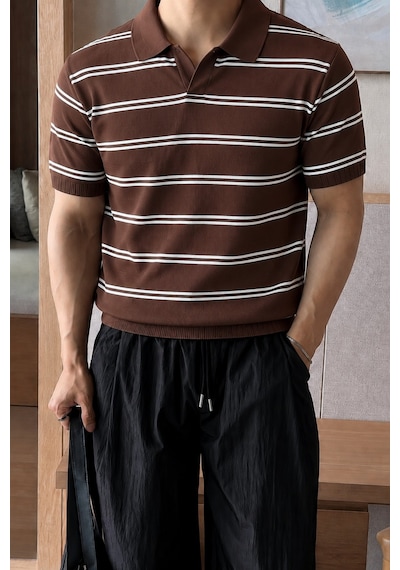 Tarz Cool Erkek Çizgili Polo Yaka Viskon Triko Tişört Slim Fit Yazlık Şık Triko Polo Kahverengi