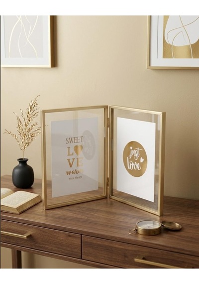 İkili Gold Kenarlı Metal Çerçeve Önü Camlı 22 18 Cm