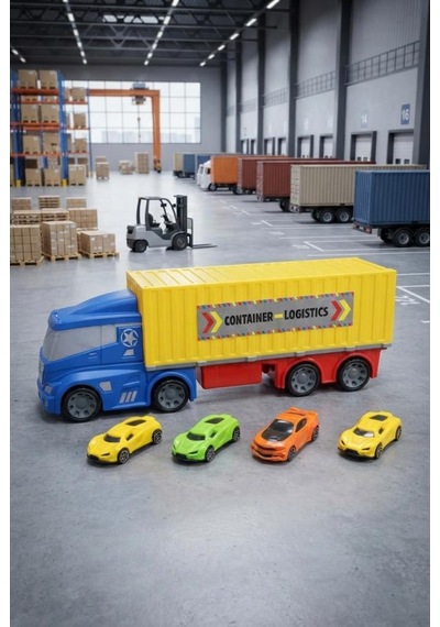 Premium Oyuncak Konteyner Tır Ve Spor Araba Seti - 4'lü Sürtünmeli Mini Yarış Arabalı Tır Taşıyıcı