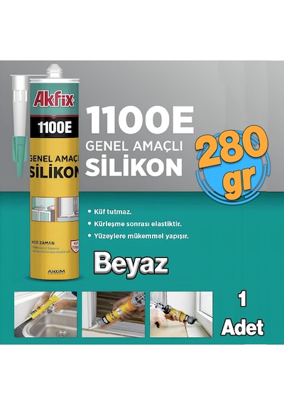 Beyaz Genel Amaçlı Silikon Yapıştırma Sızıntı Önleyici Dolgu Silikonu Akfix 1100e 280 Gr 1 Adet