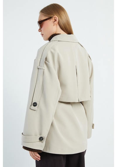 Fullamoda Beli Kemerli Kruvaze Yaka Oversize Trençkot Taş