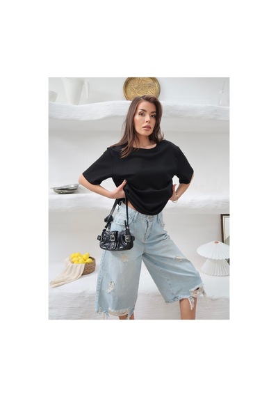 Paw Garage Kadın Mia İnterlok Kumaş Bisiklet Yaka Oversize T-shirt SIYAH