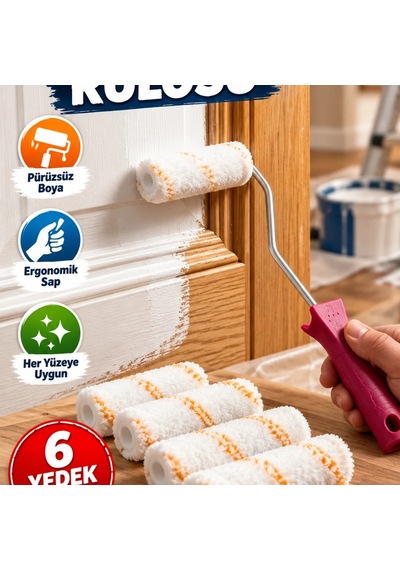 10 Cm Mini Boya Rulosu Seti Ergonomik Saplı Ve 6 Yedek Rulolu