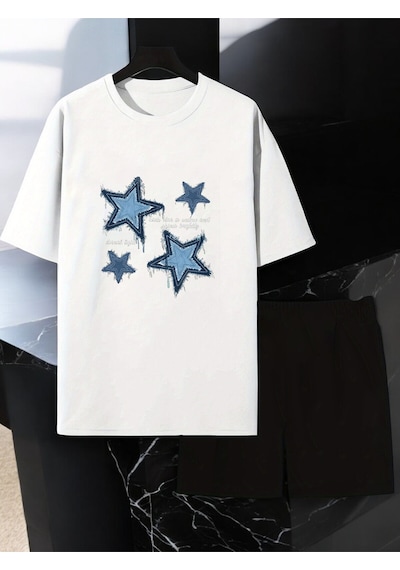 Uyguntarz Unisex Yıldızlar Tasarım Basklı Tshirt Şort Takımı Beyaz