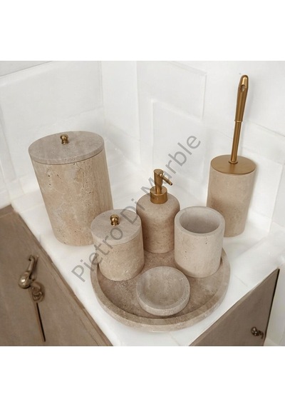 Sarı Traverten Klasik Model 7 Parça Mat Gold Renk Düğme Aksesuarlı Banyo Seti Sarı Traverten