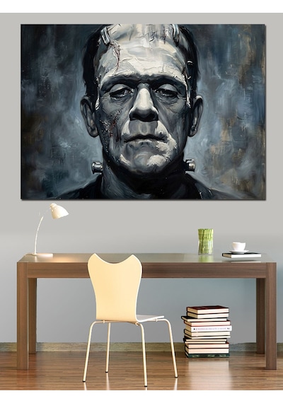Frankenstein Canavarı Siyah Beyaz Portre Dekoratif Kanvas - Mdf Ahşap Tablo