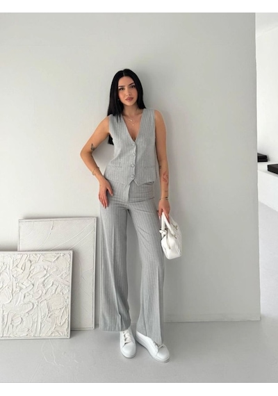 Kadın Çizgili Tansel Kumaş Yelek Pantolon İkili Takım Ofis Şık Modern - Gri