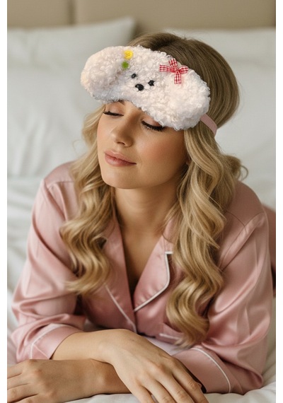 Caş Dekorasyon Beyaz Renk Köpek Motif Peluş Uyku Bandı Beyaz