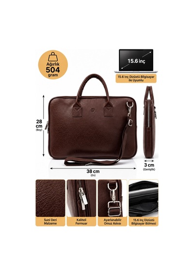 Vt-unisex 15.6 İnç Uyumlu Suni Deri Darbe Korumalı Laptop Ve Evrak Çantası Kahverengi