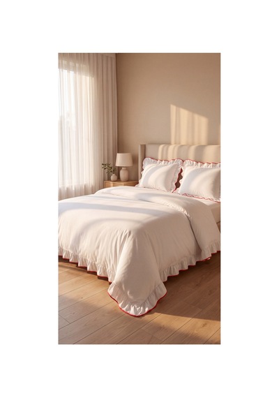 %100 Pamuk Overloklu Fırfırlı Çift Kişilik Nevresim Takımı Lastikli Çarşaflı 200x220 Cm Kırmızı - 904804703 Kırmızı