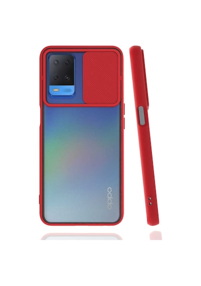 Noktaks - Oppo Uyumlu Oppo A54 4g - Kılıf Slayt Sürgülü Arkası Buzlu Lensi Kapak - Kırmızı