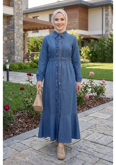 Hb Harma Time Butik Kadın Fırfır Detaylı Düğmeli Kuşaklı Kot Mavi Elbise Mavi Mavi