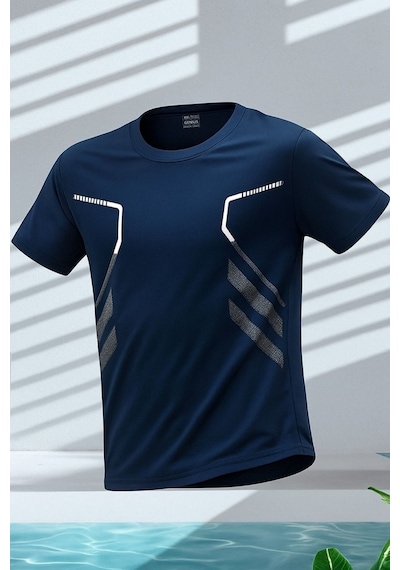Genius Store Erkek Spor Tişört Antreman Gym Polyester Erkek Sporcu T-shirt Şeritli-tişört Lacivert