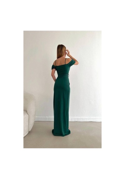 Lior Design Kadın Trend Krep Kumaş V Yaka Yırtmaçlı Abiye Elbise Zümrüt