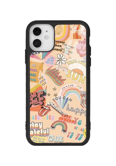Apple Uyumlu iPhone 11 Vintage Sticker Tasarımlı Glossy Telefon Kılıfı Çok Renkli