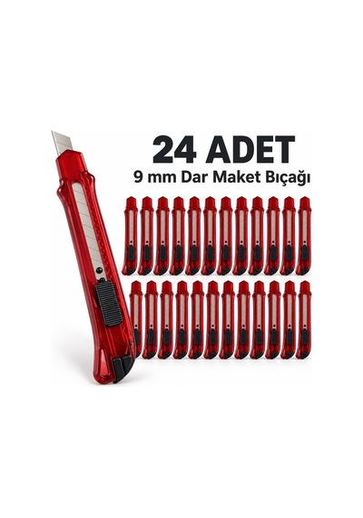 24 Adet 9 Mm Dar Plastik Maket Bıçağı Kırılabilir Uçlu, Sürgülü Kırmızı Kesici