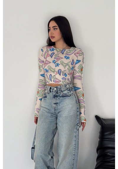 Femelle Kadın Desenli Crop Bluz Krem