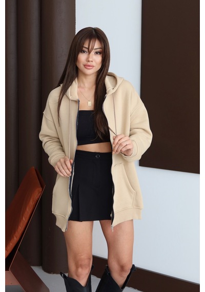 Balenbi Kadın 3 İplik İçi Polarlı Kapüşonlu 75cm Oversize Sweat Hırka 1129 Bej