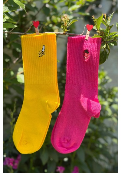 Lousocks Unisex Çilek Ve Muz Nakışlı 2'li Tenis Spor Çorap Çok Renkli