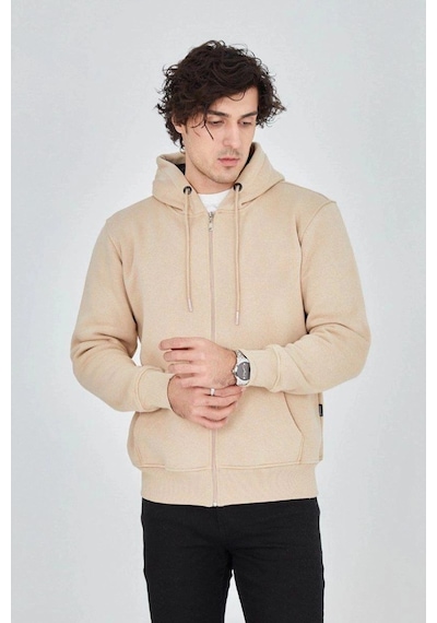 Freedom Storee Erkek 3 İplik Pamuklu Fermuarlı Kapüşonlu Kanguru Cepli Hoodie Hırka Sweatshirt -bej Çok Renkli