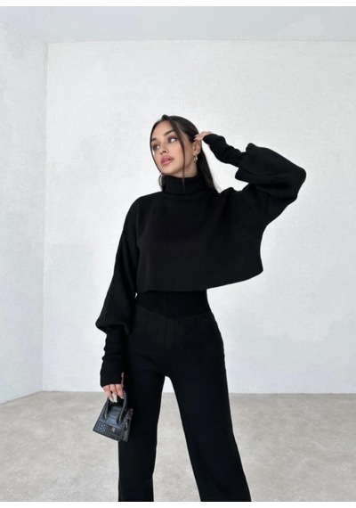 Movella Fashion Balıkçı Yaka Parmak Geçirmeli Movel 2 Li Triko Takım Siyah Siyah