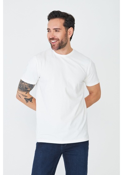 Beyaz Bisiklet Yaka Basic T-shirt Ekru