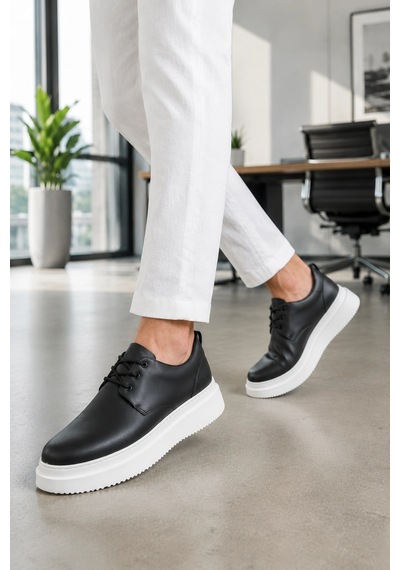 Mevese Ornex Erkek Deri Görünümlü Bağcıklı Casual Sneaker Klasik Günlük Ayakkabı - Siyah Beyaz