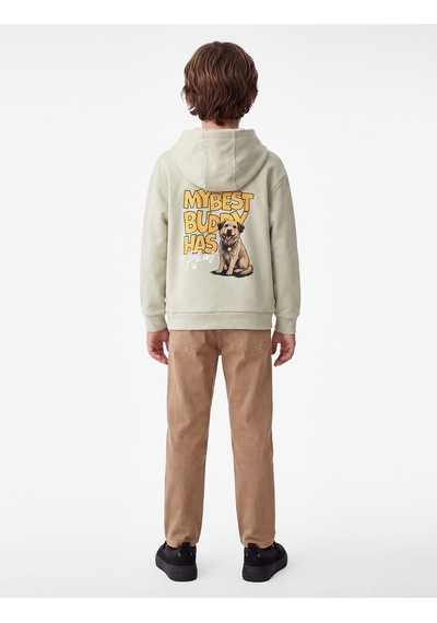 Koton Köpek Detaylı Önü Ve Arkası Baskılı Şardonlu Uzun Kollu Oversize Kapşonlu Sweatshirt Bej 7wkb10435tk Ekru