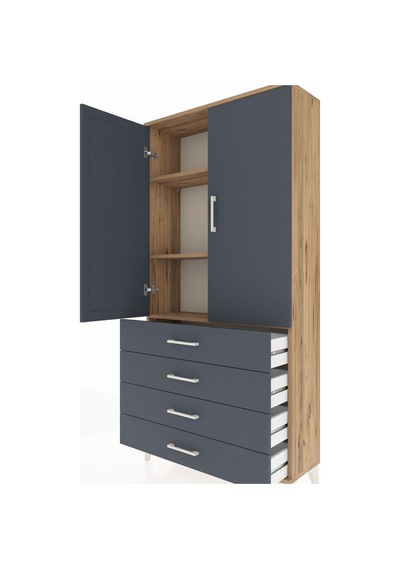 Arges Dolap 3 Raflı 4 Çekmeceli 2 Kapaklı 88x30x182 Çam-antrasit Atlas Çam
