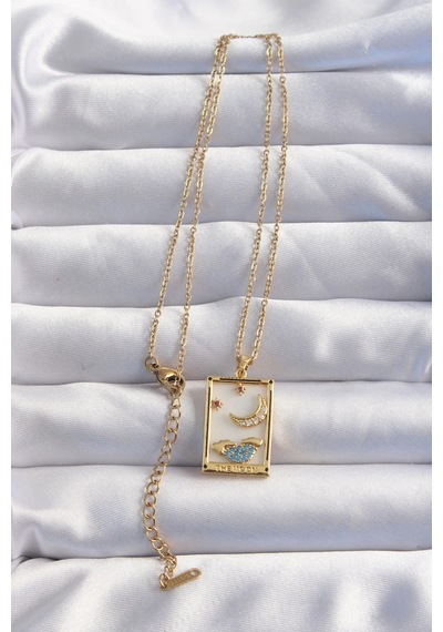 316l Çelik Zincir Gold Renk Ay Detay Mavi Zirkon Taşlı Tarot Kolye 5886 Çok Renkli