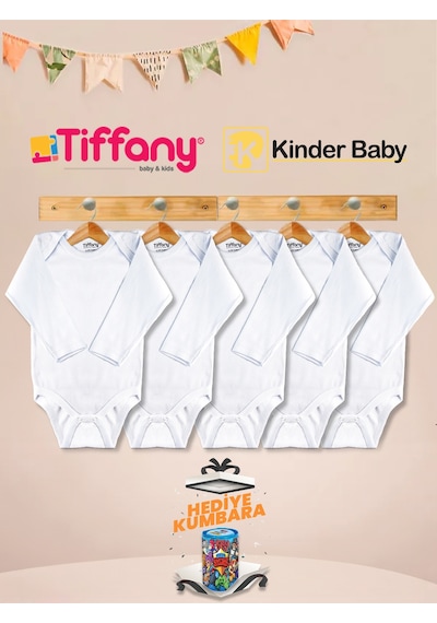 Tiffany Zarf Yaka Uzun Kol Pamuk 5'li Atlet Zıbın Çıtçıtlı Bebek Body Beyaz