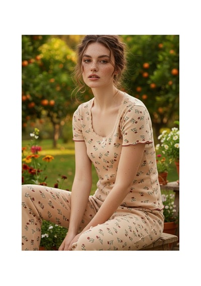 Siyah İnci Dantelli Fitilli Kaşkorse Örme Pijama Takım 26120552 Ten Rengi