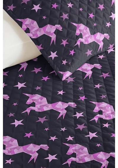 Evimde Bambaşka Unicorn Yıldızlı Antrasit Kız Çocuk Pike Takımı - Pembe Mor Bebek Odası Yatak Örtüsü - 160x220  CM