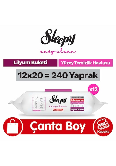 Sleepy Easy Clean Lilyum Buketi Yüzey Temizlik Havlusu Çanta Boy 12x20 240 Yaprak Beyaz