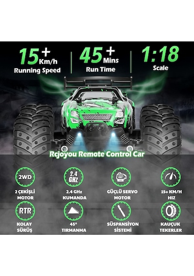 Oyuncak 2.4 Ghz Uzaktan Kumandalı Şarjlı Led Işıklı Drift Atan 15 Km Hız Off Road 45 Dk Batarya Yeşil