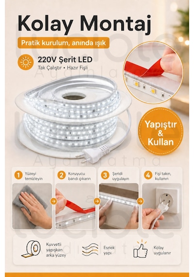 12 Metre 220v Beyaz Şerit Led Hazır Fişli Tak Çalıştır Silikonlu Yapışkanlı