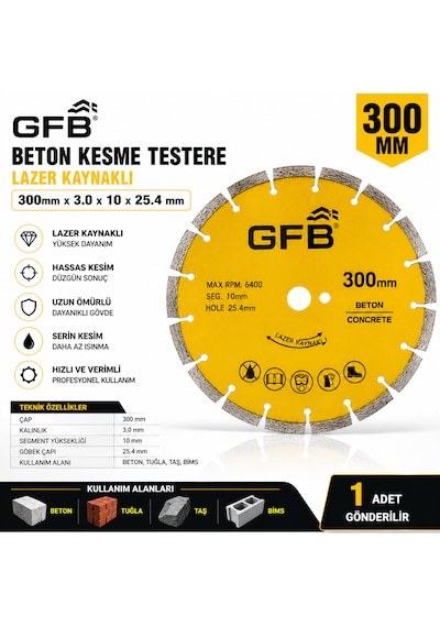 Beton Kesme Testeresi Lazer Kaynaklı Beton Tuğla Taş Bims Keser 300 X 3.0 X 10x25.4 Mm